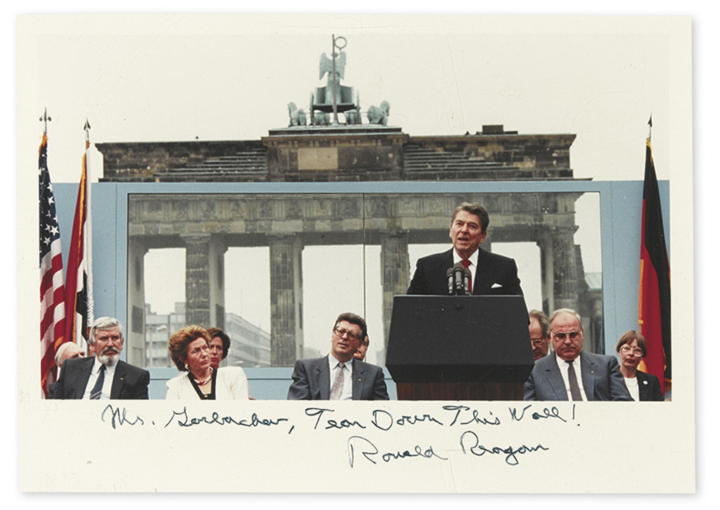 REAGAN, RONALD. Color Photograph Signed and Inscribed, “Mr. Gorbachev, Tear Down This Wall!”,